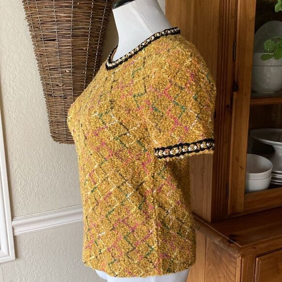 Zara Mustard Yellow Plaid Tweed Wool Blend Embellished Short Sleeve Top Sz 4 NWT - Picture 4 of 14